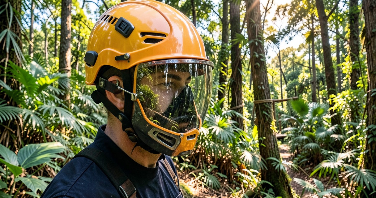 Equipamentos para arvorismo — Capacetes e proteção facial no percurso de árvores